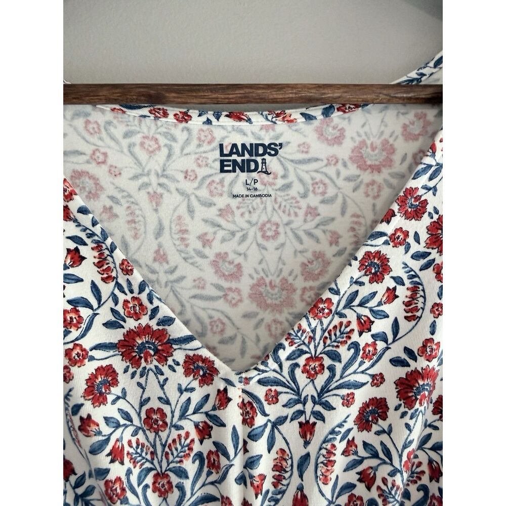 Lands End Floral Knit Dress V Neck Fit Flare Midi Cottage Stretch Red Navy Large - Picture 8 of 16